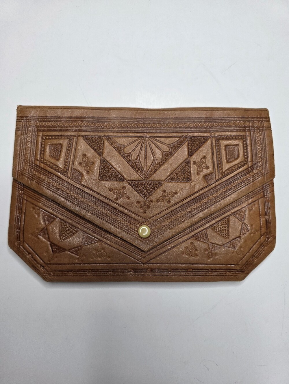 Vintage Handcrafted Tooled Leather Wallet Morrocan Style Tan Clutch